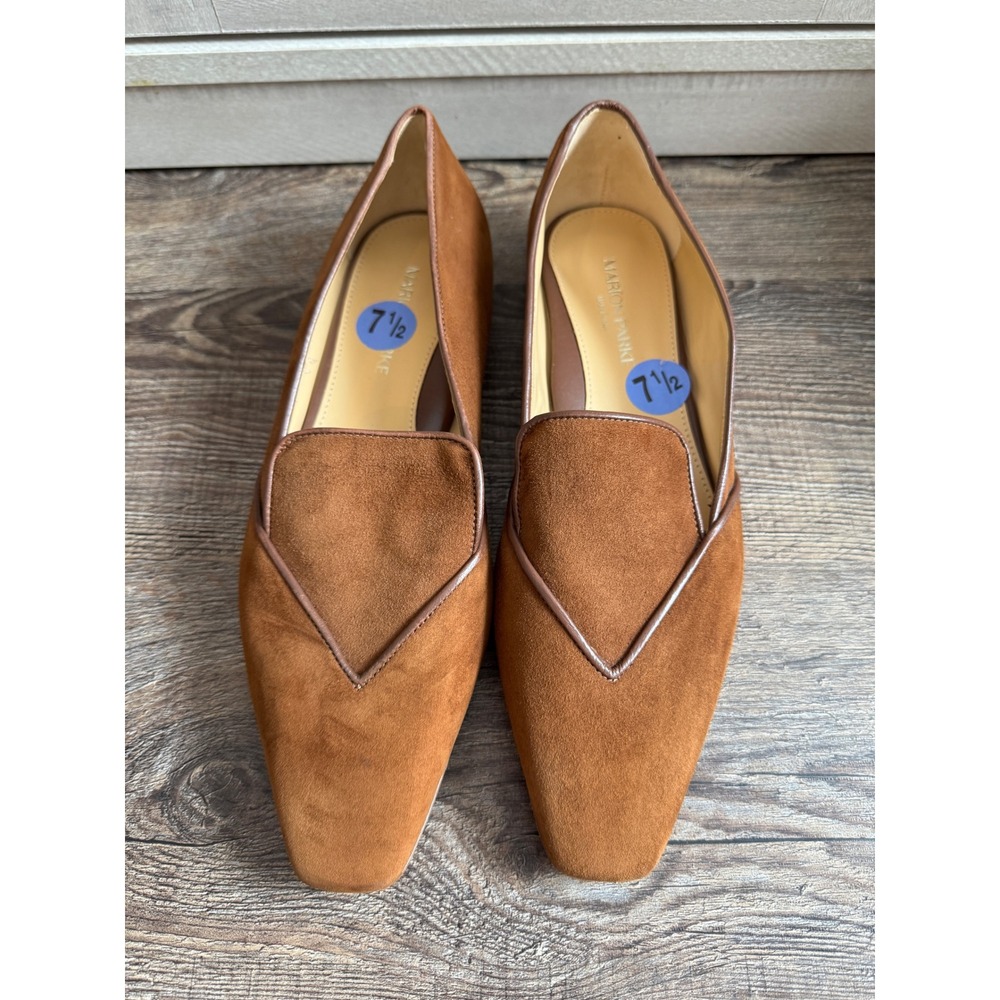 Marion Parke Cognac Racquel Suede Square Toe V-Vamp Loafers Flats Italy 38 7.5